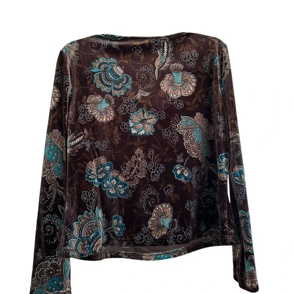 Briggs New York Petite PXL Chocolate Brown Teal Floral Velvet Cowl Neck Top - Picture 2 of 8